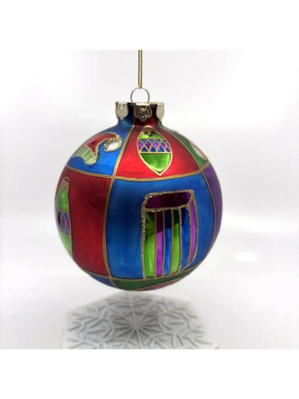 Vtg Komozja Joy to the World Glitterazzi Hand Painted Polish Glass Ball Ornament
